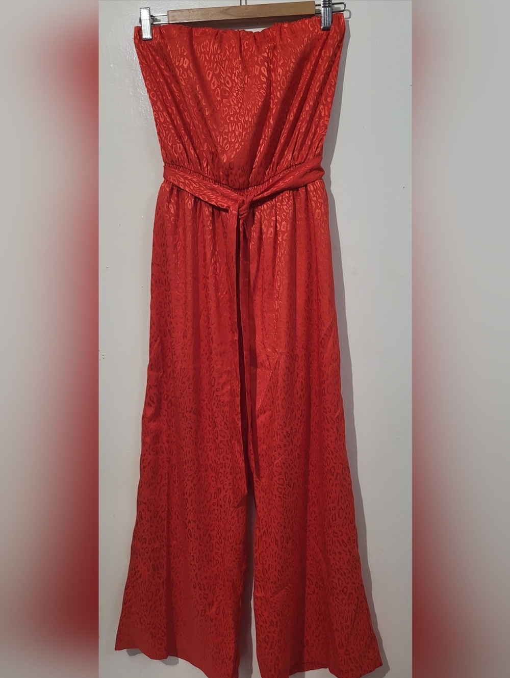 Socialite Red Strapless Leopald Print Jumpsuit with Waist Tie Small NWOT